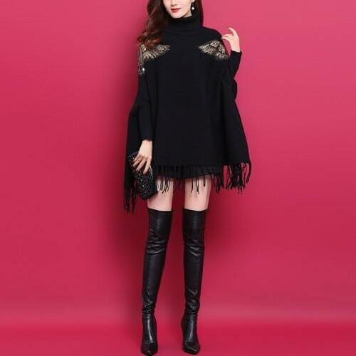 ZJZLL OEM Stylish Plus Size Shawls Cloak Pullover Cape Sweater Glittery Embroider Shawl Long Sleeves Knitted Poncho Coat Cape