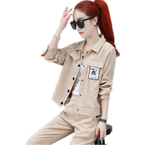 2020 High quality Women Sporting suit female Corduroy Leisure 2 piece set Fashion female clothing Autumn tops + trousers 1575