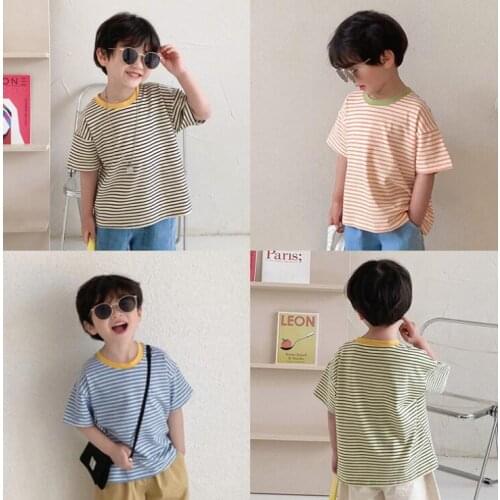2021 new arrival girls boys summer striped short sleeve casual cotton kids t-shirt
