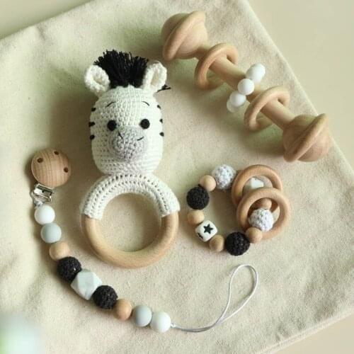 4Pcs/Set Baby Pacifier Clip Teething Bracelet Crochet Zebra Soother Chain Rattle GXMB