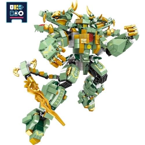 UKBOO 782PCS City Ninja Warrior Mecha Model Building Blocks Set Green Knight Robot 3 Figures Assemble Bricks Toys for Children