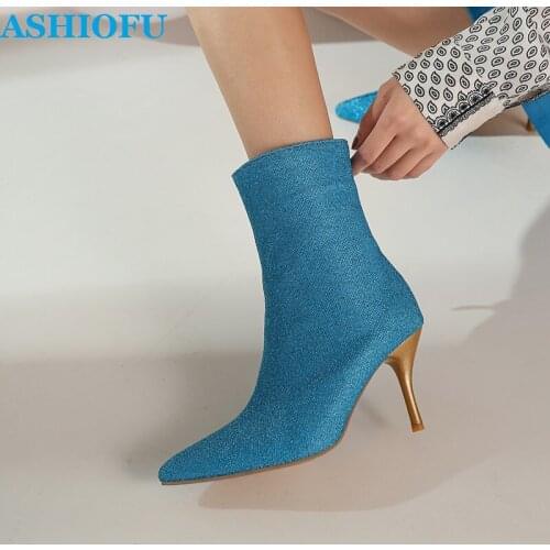 ASHIOFU 2020 New Hot Sale Ladies 8.5cm Heels Boots Sexy Real Pictures Party Prom Ankle Booties Plus Size Evening Winter Boots