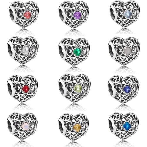 Openwork Heart Charm 925 Sterling Silver Hollow Colorful CZ Beads Fit Original DIY Bracelets Pendants for Women Wedding Jewelry