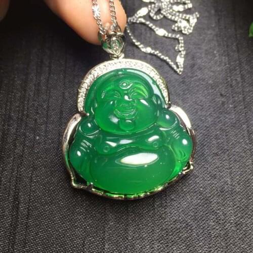 Designer Natural agate chalcedony 925 silver inlaid green Buddha pendant jade personality retro national style