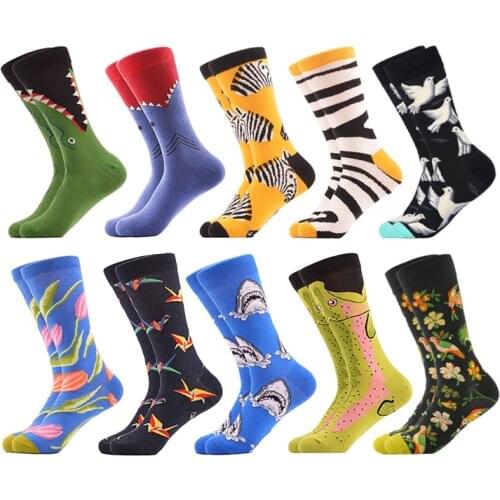 Men Socks Cartoon Crocodile Shark Zebra Sloth Bird Flower Happy Harajuku Funny Hip Hop Street Style Skate Cotton Male Dress Sock