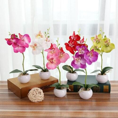 1Set Trigeminal Phalaenopsis simulation bonsai Artificial plant flower + pot decorative flower set Home table bedroom accessory