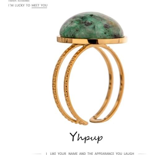 Yhpup Temperament Green Natural Stone Opening Rings for Women Stainless Steel Punk Jewelry Statement Metal Ring Anillos Mujer