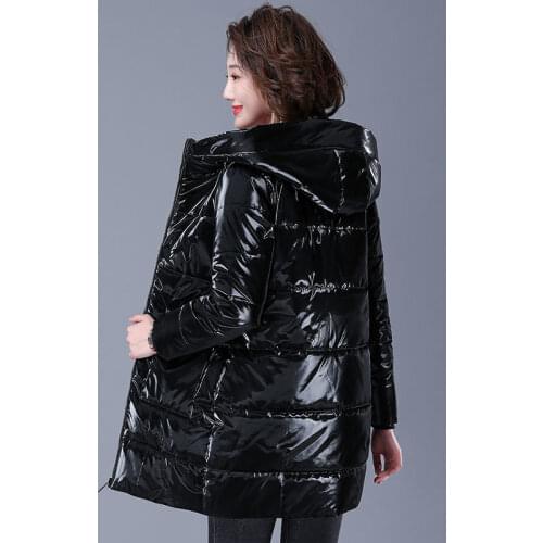 Black Glossy Hooded Parkas Coat Womens 2021 New Winter Thick Cotton Padded Jacket Windproof Rainproof Warm Loose Outwear Female