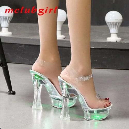 Mclubgirl 34-43 Chunky Heels Nightclub High Heels Shoes Luminous Sandals Shoes Catwalk Pole Dancing Shoes Crystal Bottom LFD