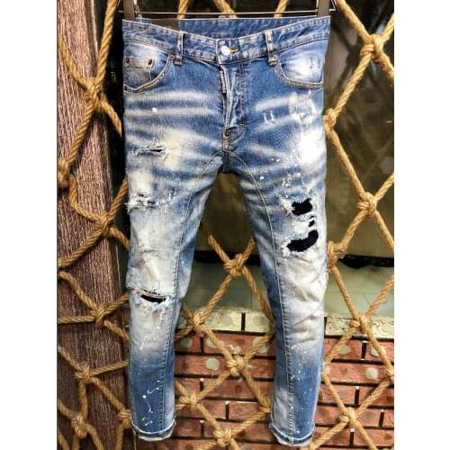 New Mens Jeans With Ripped Holes And elastic Paint Spray Blue Stitching Beggar Pants A220