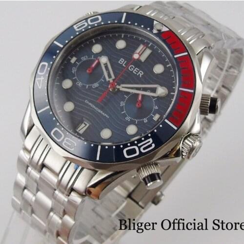 BLIGER Quartz Men Watch Sapphire Glass Mental Band Chronograph Date Function Rotating Bezel