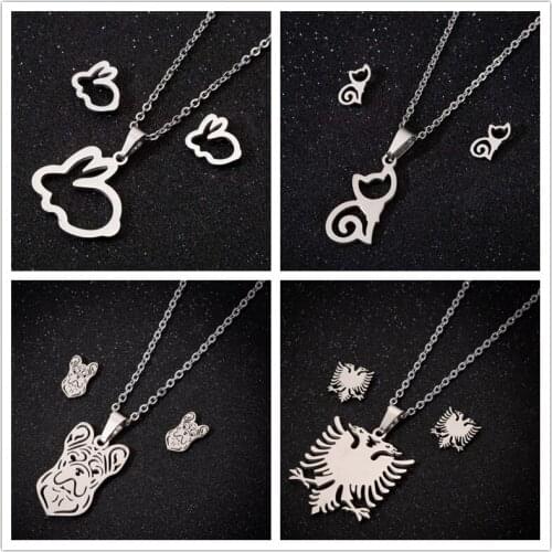 Oly2u Lovely Bunny Cat Steel Earings Necklaces Jewellery Set for Mother Sister Thanks Giving Day Gift Bijoux Femme