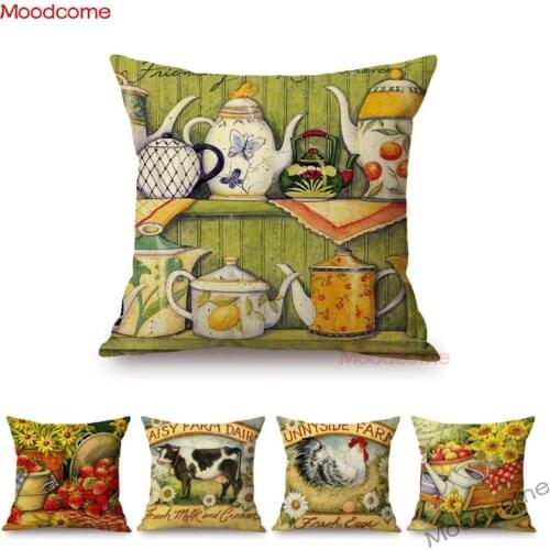 Fresh Country Life Farm Art Pumpkin Strawberry Flowers Floral Life Art Oil Painting Pillow Cover Cotton Linen Car Cushion Cover