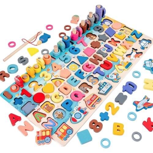 Wooden Blocks Puzzle Board Montessori Toys Set Learning&Early Educational Toys for Number Counting, Colors Stacking, Alphabet