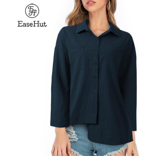 EaseHut Autumn Women Long Sleeve Blouse Button Down Pockets Irregular Hem Loose Casual Solid Shirt Oversized Tops Blusas Female