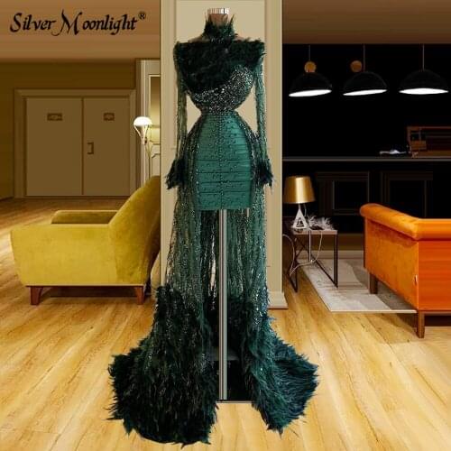 2021 Long Sleeve Mermaid Emerald Green Prom Dresses Feathers Train High Split Luxury Dubai Evening Gowns Graduation Party Dress