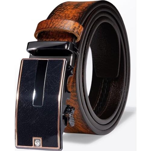 Hi-Tie Luxury Mens Wedding Party Genuine Leather Automatic Buckle Belts for Men Gift NEW Orange Brown Leather Cowboy Belts Men
