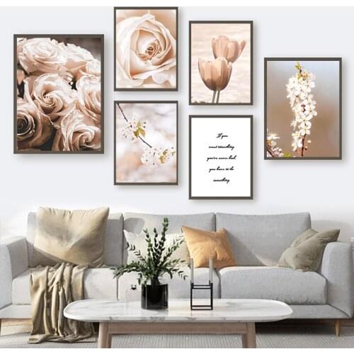 Nordic Beige Flower Plant Poster and Print Rose Tulip Cherry Blossom Painting Wall Art Painting Living Room Decoration Frameless