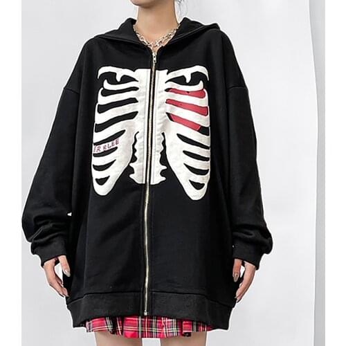Women Gotic Hoodies For Halloween Skeleton Print Full Zip Up Hoodie Hooded Oversized Sweatshirt Top Dropshipping
