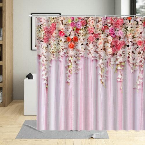 Spring Floral Plant Vine Scenery Bathroom Decor Pink Hanging Flowers Shower Curtain Polyester Waterproof Curtains With Hooks