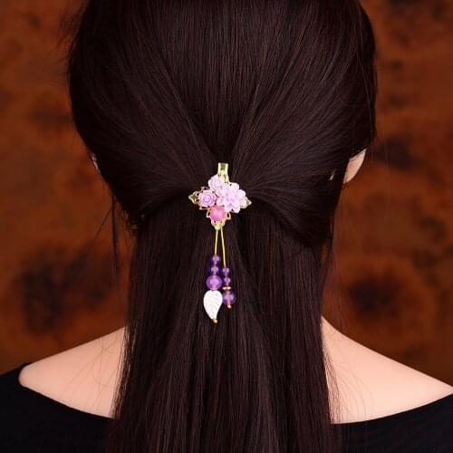 Fashion Korean Ethnic Style Exquisite Hairpin Clip Temperamental Violet Crystal Ancient Cloisonne Classical Hair Jewelry