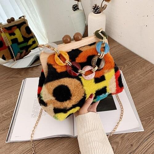 Wood Clip Autumn And Winter Plush Handbag Woman 2020 New Designer Korean Acrylic Chain Shoulder Crossbody Bag Clutch Female