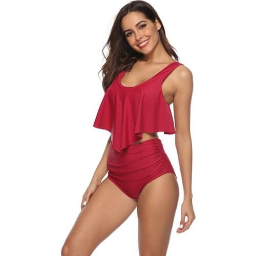 2021 Summer Fashion Womens High Waist Ruffled Pleated Solid Color Conservative Bikini Split Swimsuit