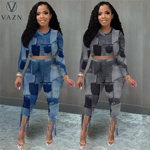 VAZN 2021 Autumn High Waist Vintage Mature Office Lady Sexy Full Sleeve Top Long Pencil Pants 2 Piece Set Slim For Women