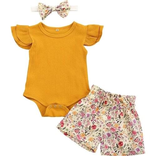 Hot Baby Clothing Summer Infant Newborn Baby Girl Ruffle Ribbed Romper Floral Shorts Headband 3Pcs Set