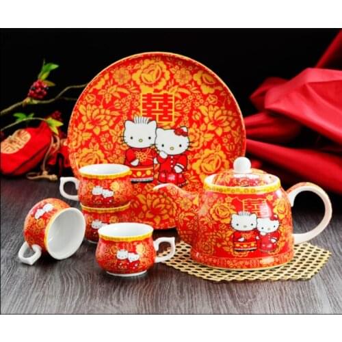 6pcs Kitty Ceramic cup Gift Creative cup Tea set Teapot with plate Office Cup afternoon tea cup marry Wedding home decoration