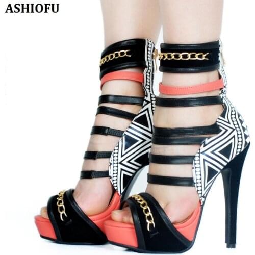 ASHIOFU Handmade Womens Classic Sandals Chains Straps Party Prom Shoes Sexy Platform High Heel Fashion Evening Sandals Shoes