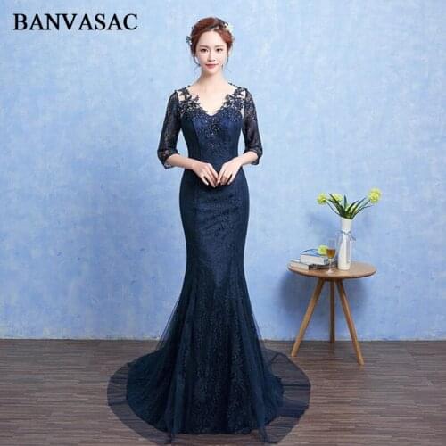 BANVASAC Crystal Deep V Neck Lace Appliques Mermaid Long Evening Dresses Party Illusion Backless Sweep Train Prom Gowns