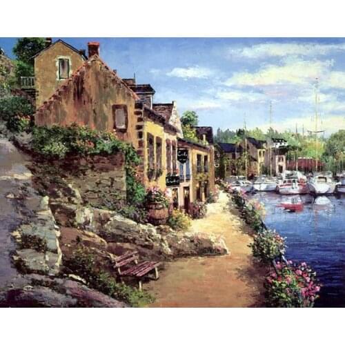 Free shipping mediterranean seascape village landscape oil painting canvas printings on canvas home wall decoration picture