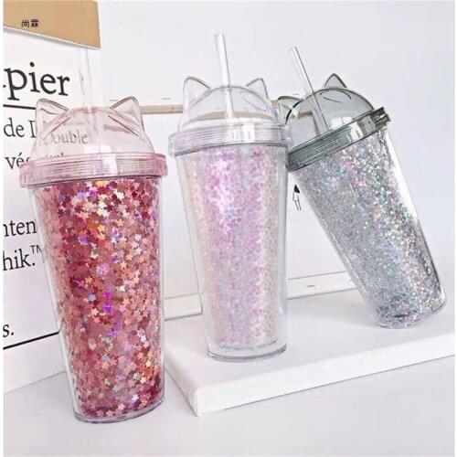 Sequined BPA Free Water Bottle With Straw Plastic Flash Cat Ear Double Wall Drinking Coffee Juice Cup Water Mug