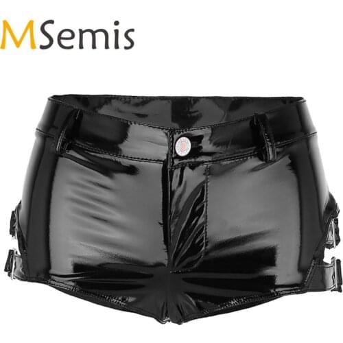 MSemis Women Latex Short Pants Low Rise Pole Dance Costume Clubwear Rave Sexy Panties Zipper Mini Booty Shorts Rave Clothes