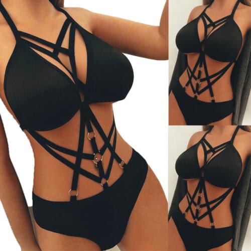 Women Ladies Sleeveless Hollow Out Halter Black Backless Bandage Sexy Bodysuits Leotard Rompers Lingerie Underwear Sleepwear