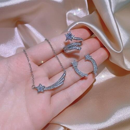 Europe and America Trendy Shiny Zircon Star Moon Necklace Earrings Ring Women Personality Temperament Elegant Jewelry Three Sets
