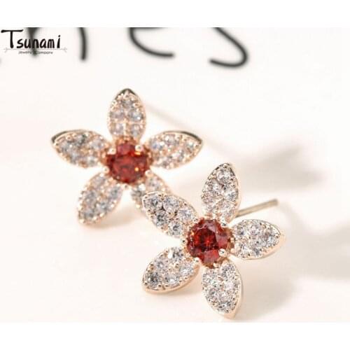 Fashion Cute Cartoon Popular Flower Plant Bling Zircon Stone Stud Earrings Women Jewelry Crystal Temperament Personality Girls