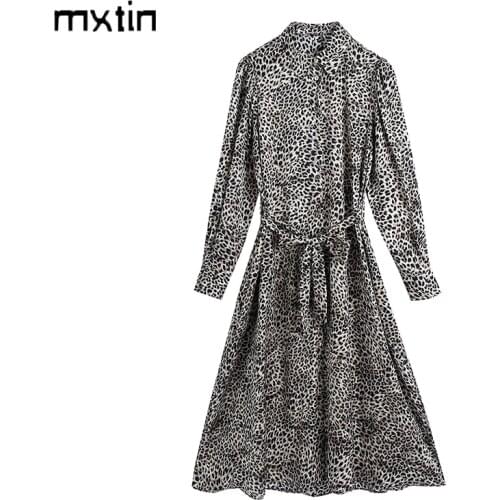 MXTIN 2021Women Spring Fashion Leopard Print Midi Dress Vintage Animal Pattern Autumn Female Dresses Casual Vestido Mujer