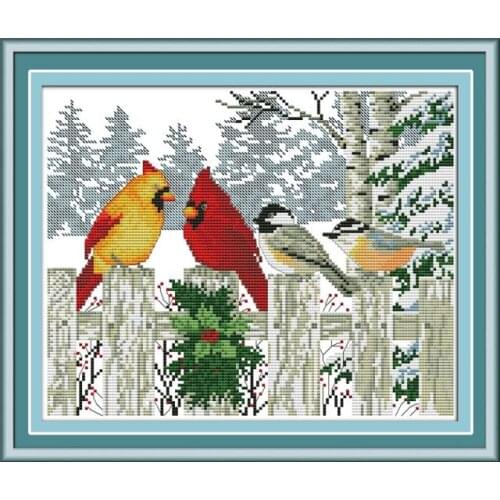 Birds on the fence in winter cross stitch kit animal18ct 14ct 11ct count print stitching embroidery DIY handmade needlework plus