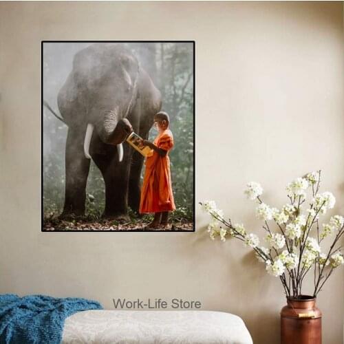Religious Landscape Wall Canvas Poster Painting Elephant Monk Kids Forest Buddhist Mood Picture For Living Room Home Decor