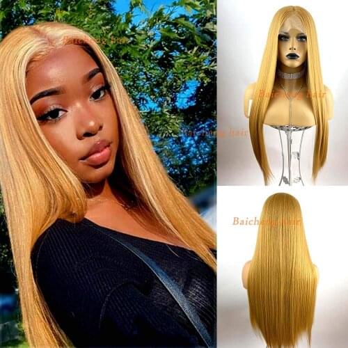 Baicheng Blonde Wig Long Straight T Part Synehtic Wigs Natural Looking 150 Density Glueless Heat Resistant Hair for Daily Life