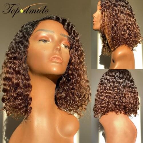 TOPODMIDO Ombre 1B/99J 13X6 Short Hair Lace Front Wig Red Pre Plucked Brazilian Curly Remy Human Hair Bob Cut Wigs 150% Density