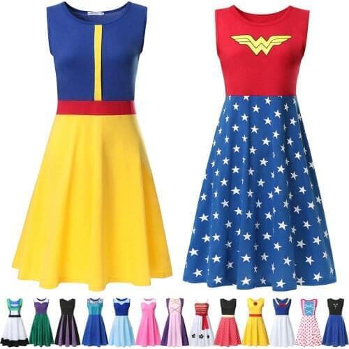 LUCKKIDS Adult Princess Dress Belle Anna Elsa Arier Cosplay Costume Snow White Superheros Party Clothes Women Summer Dress 2XL