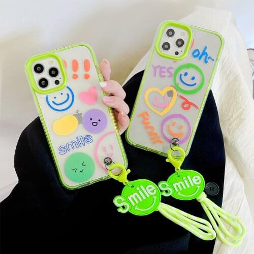 Korea INS Cute Smiley With Hand Strap Phone Case for iphone 12 Pro Max MiNi 11 Pro XR X XS 7 8 plus Transparent soft back Cover