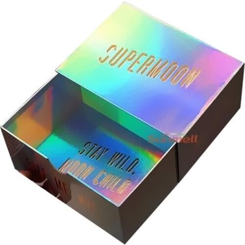 Custom logo luxury glitter Iridescent sliding drawer cardboard box for cosmetic or chocolate shiny holographic box