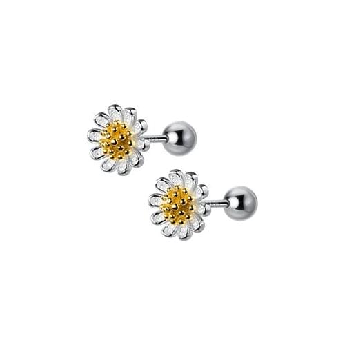 Genuine 925 Sterling Silver Jewelry Lucky Ball & Golden Daisy Flower Ear-Bone Piercing Earrings Screw