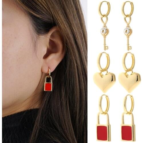 Lock and Key Hoop Earrings for Women Female Gold Love Heart Ear Rings Cute Dangle Earrings Party Wedding Gift New Fashion Korean