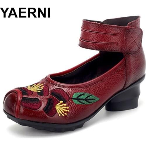 YAERNI2020 Spring and Summer Ethnic Style Genuine Leather Handmade Shoes Women Mid Heels Pumps Round Toe High Heels
