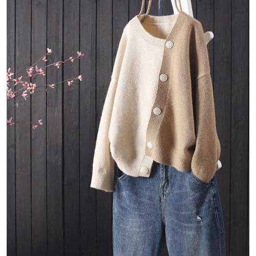 Knitted cardigan loose all-match irregular sweater jacket women spring and autumn long-sleeved v-neck leisure top